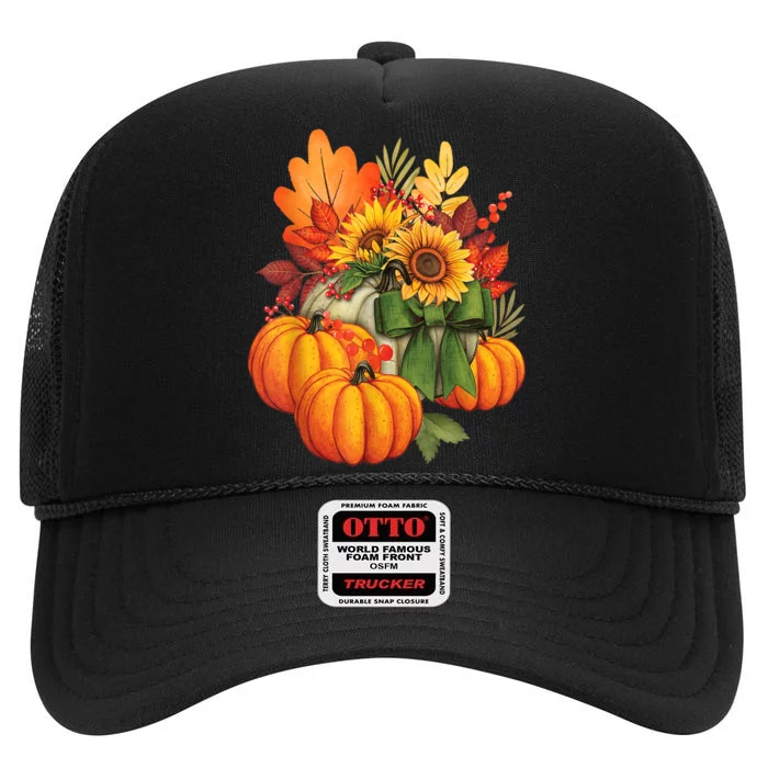 Thanksgiving Pumpkin Sunflower Fall Autumn Holiday High Crown Mesh Trucker Hat