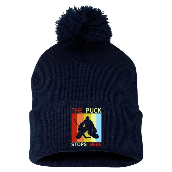 The Puck Stops Here Funny Hockey Goalie Pom Pom 12in Knit Beanie