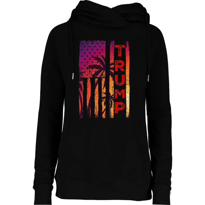 Trump Palm Tree Vintage Distressed American Flag At Sunset Womens Funnel Neck Pullover Hood