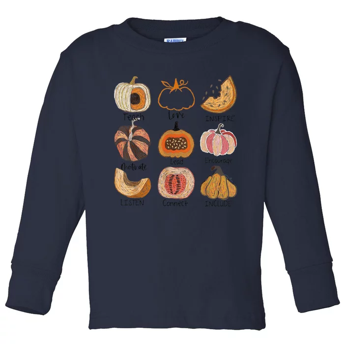 Teacher Pumpkin Teach Love Inspire Trick Or Teach Halloween Toddler Long Sleeve Shirt