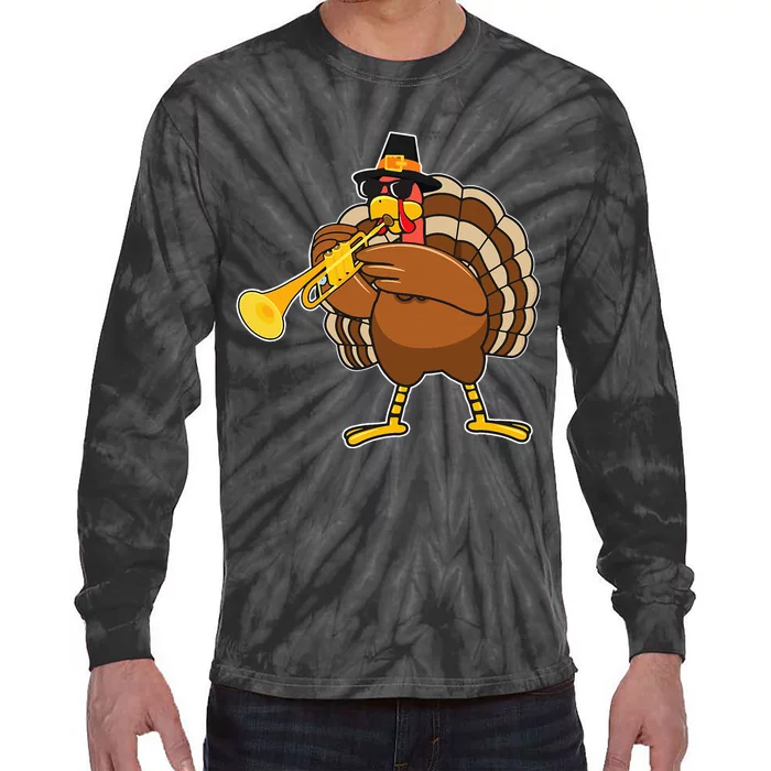 Turkey Playing Trumpet Thanksgiving Tie-Dye Long Sleeve Shirt