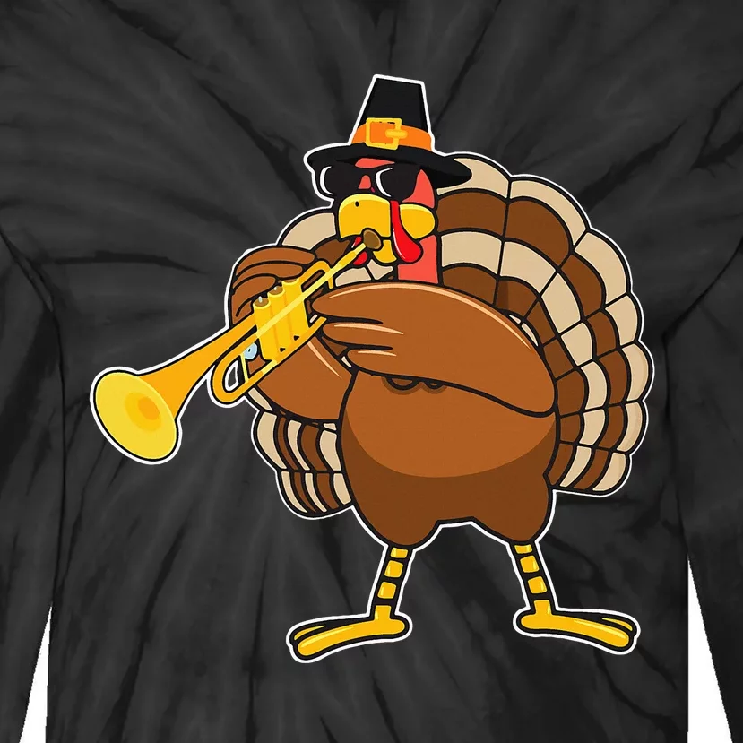 Turkey Playing Trumpet Thanksgiving Tie-Dye Long Sleeve Shirt