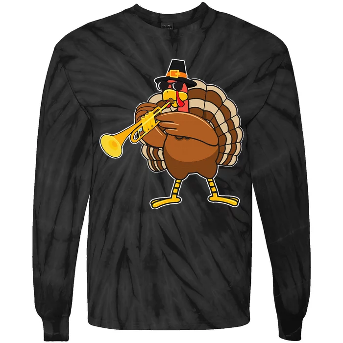 Turkey Playing Trumpet Thanksgiving Tie-Dye Long Sleeve Shirt