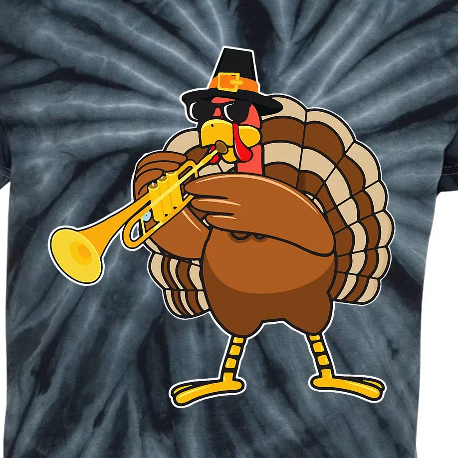 Turkey Playing Trumpet Thanksgiving Kids Tie-Dye T-Shirt