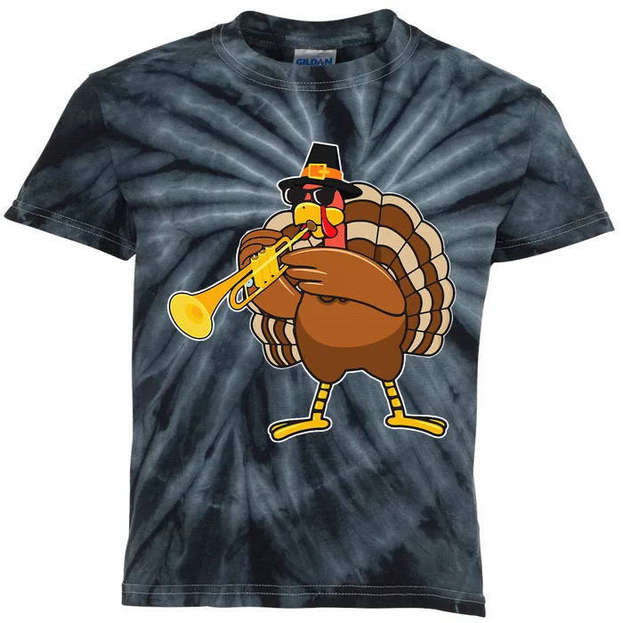 Turkey Playing Trumpet Thanksgiving Kids Tie-Dye T-Shirt