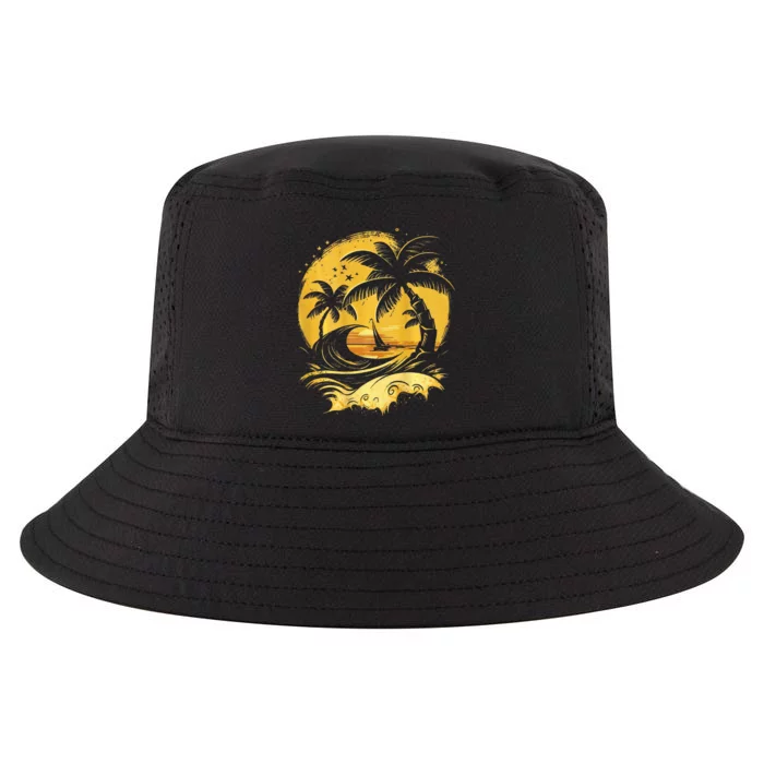 Tropical Palm Trees Sailboat Beach Island Sunset Cool Comfort Performance Bucket Hat