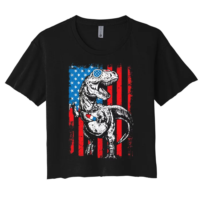 Trex Popsicle USA Flag Funny 4th Of July Dinosaur Gift Women's Crop Top Tee