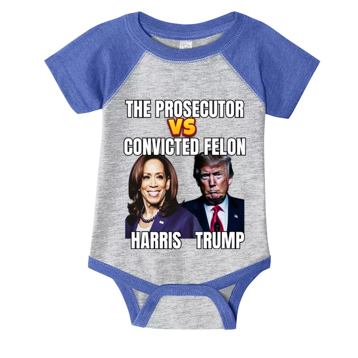 The Prosecutor Versus The Convicted Felon Harris Vs Trump Infant Baby Jersey Bodysuit