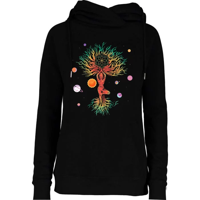 Tree Planets Yoga Meditation Spiritual Esoteric Mystery Fan Womens Funnel Neck Pullover Hood