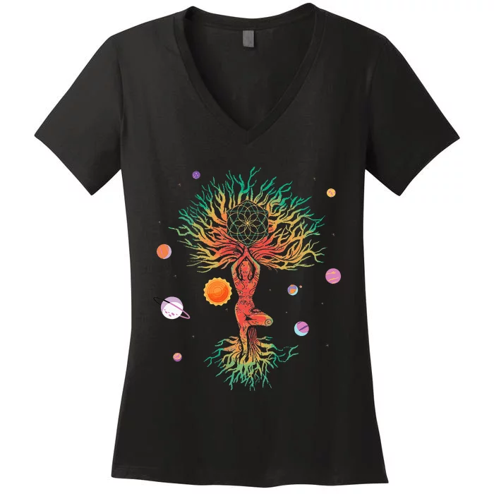 Tree Planets Yoga Meditation Spiritual Esoteric Mystery Fan Women's V-Neck T-Shirt