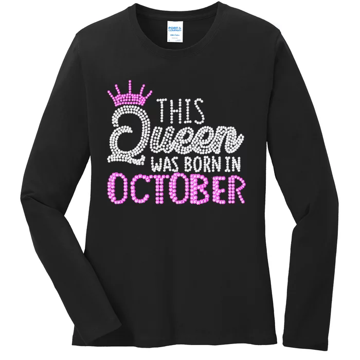 This Queen Was Born In October Birthday Pink Diamond Crown Ladies Long Sleeve Shirt