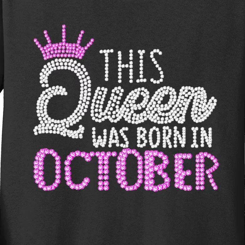 This Queen Was Born In October Birthday Pink Diamond Crown Kids Long Sleeve Shirt