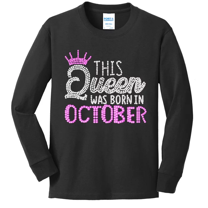 This Queen Was Born In October Birthday Pink Diamond Crown Kids Long Sleeve Shirt