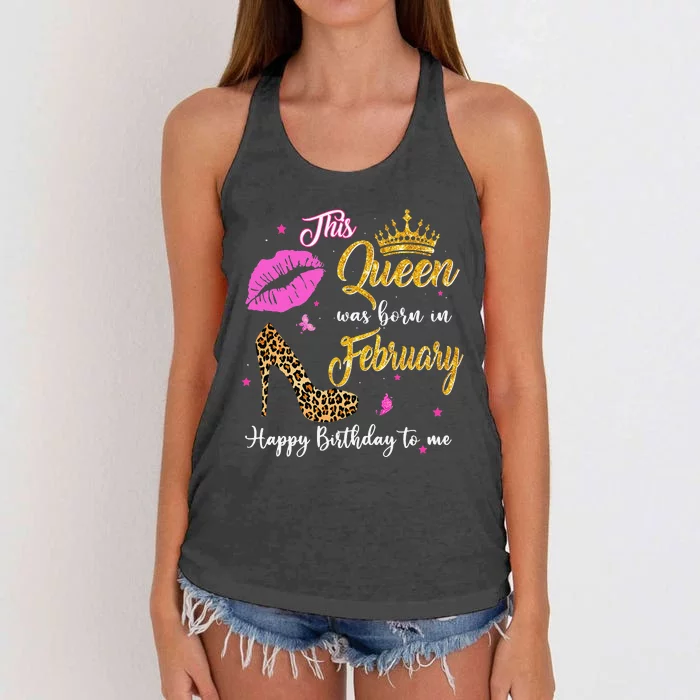 This Queen Was Born in February Birthday Funny Leopard Heels Women's Knotted Racerback Tank