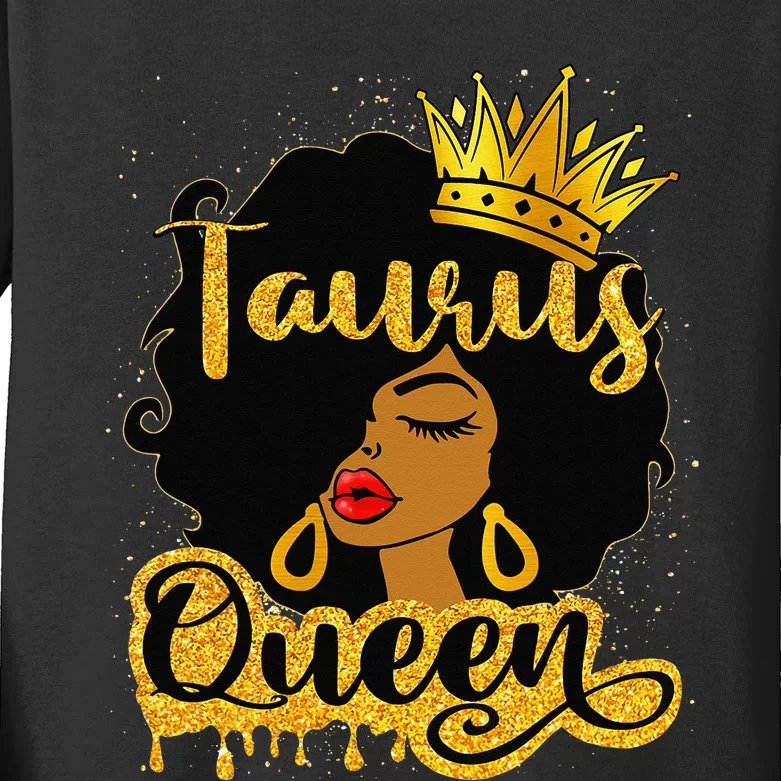 Taurus Queen Zodiac Sign Birthday Afro Black Woman Kids Long Sleeve Shirt