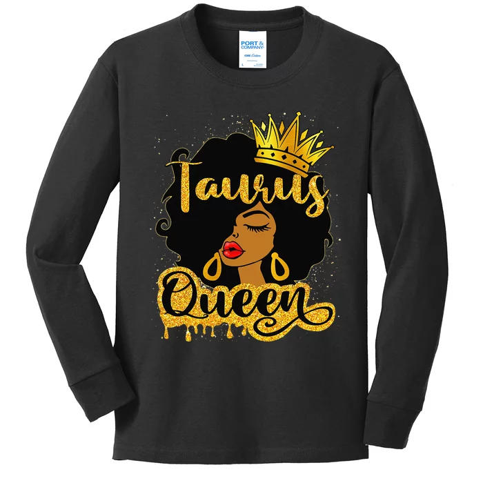 Taurus Queen Zodiac Sign Birthday Afro Black Woman Kids Long Sleeve Shirt