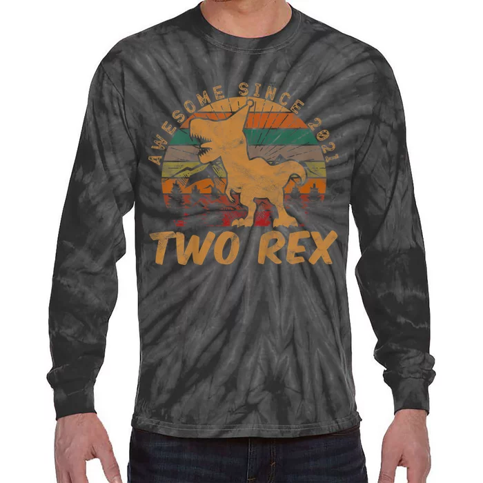 Two Rex 2nd Birthday Gifts Second Dinosaur 2 Year Old Tie-Dye Long Sleeve Shirt