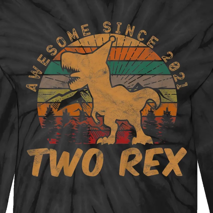 Two Rex 2nd Birthday Gifts Second Dinosaur 2 Year Old Tie-Dye Long Sleeve Shirt