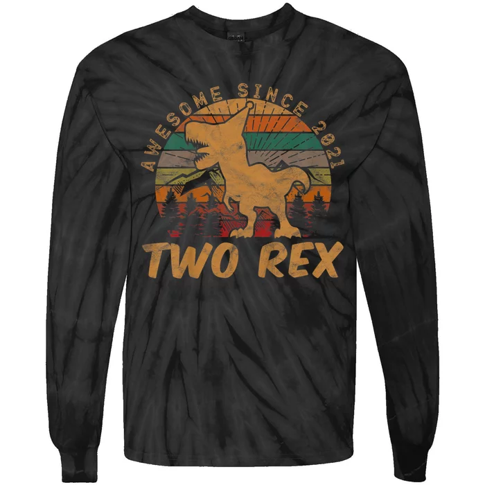 Two Rex 2nd Birthday Gifts Second Dinosaur 2 Year Old Tie-Dye Long Sleeve Shirt