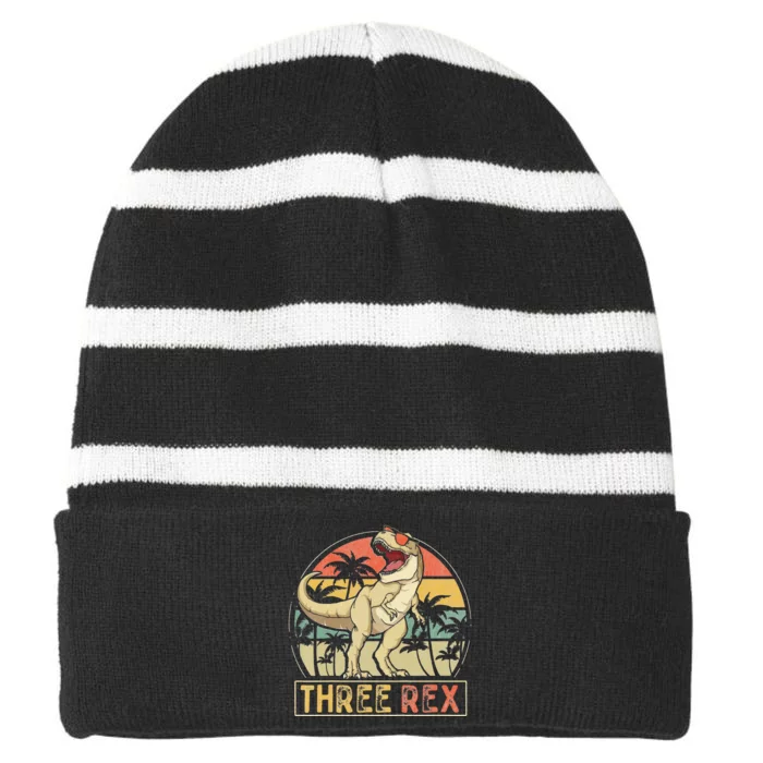 Three Rex 3rd Birthday Gifts Dinosaur 3 Year Old Striped Beanie with Solid Band