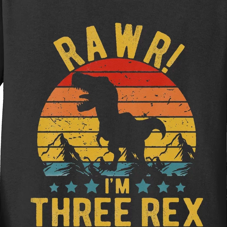 Three Rex 3rd Birthday Dinosaur 3 Year Old Rawr Kids Long Sleeve Shirt