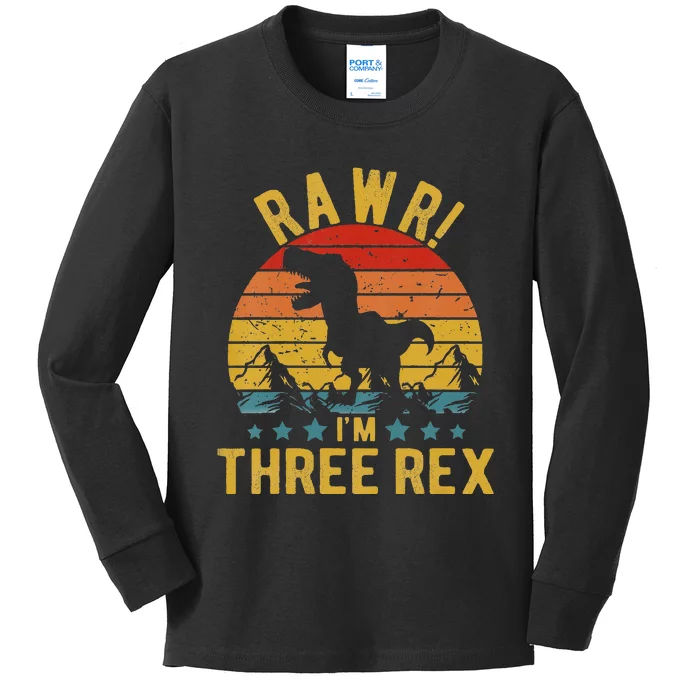 Three Rex 3rd Birthday Dinosaur 3 Year Old Rawr Kids Long Sleeve Shirt