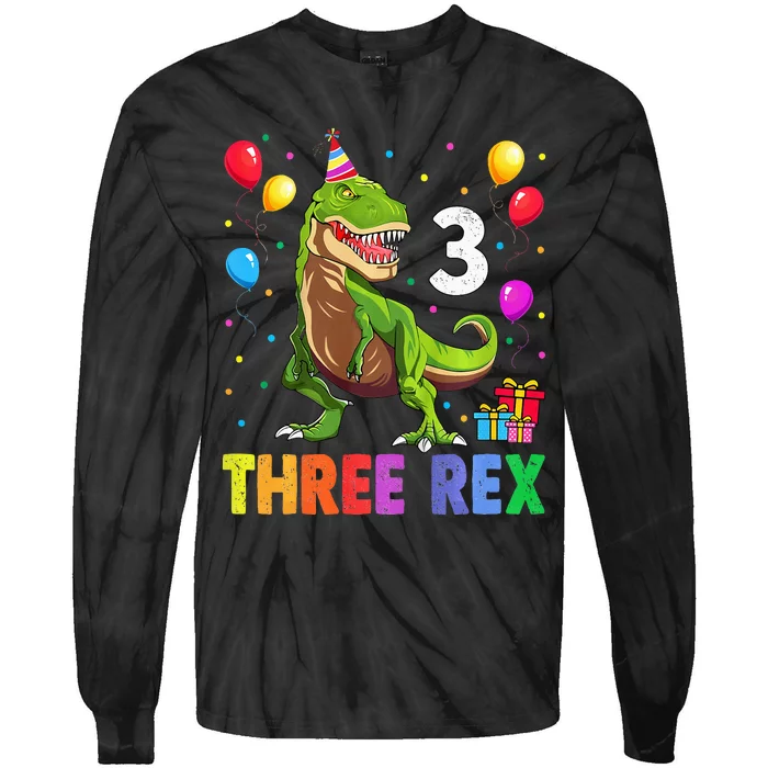 Three Rex 3rd Birthday Third Dinosaur 3 Year Old Tie-Dye Long Sleeve Shirt