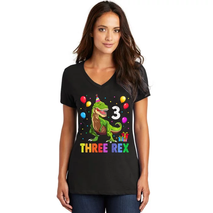 Three Rex 3rd Birthday Third Dinosaur 3 Year Old Women's V-Neck T-Shirt