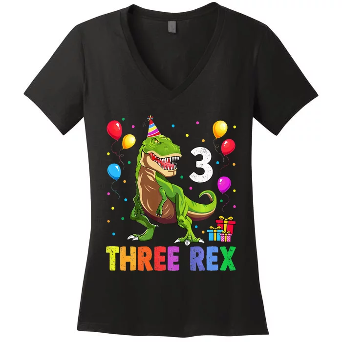 Three Rex 3rd Birthday Third Dinosaur 3 Year Old Women's V-Neck T-Shirt