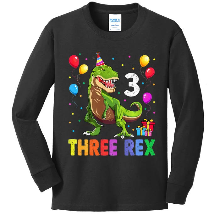 Three Rex 3rd Birthday Third Dinosaur 3 Year Old Kids Long Sleeve Shirt