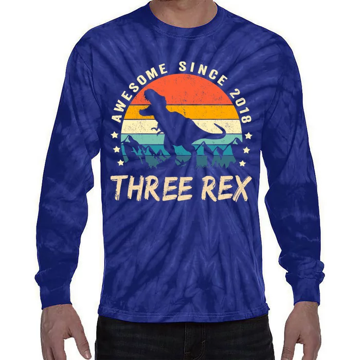 Three Rex 3rd Birthday Third Dinosaur 3 Year Old Tie-Dye Long Sleeve Shirt