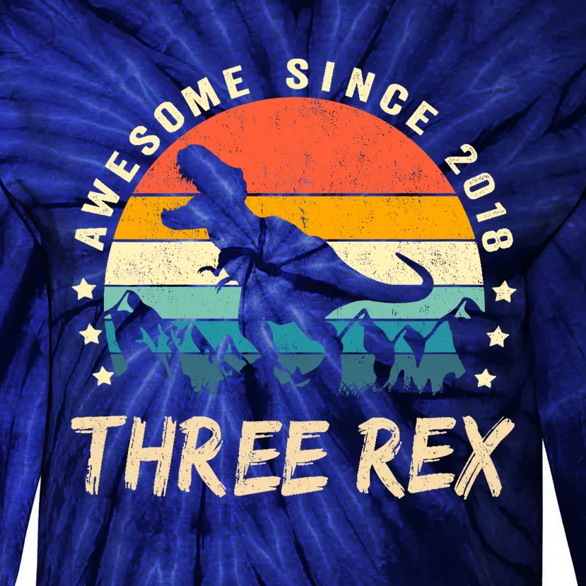 Three Rex 3rd Birthday Third Dinosaur 3 Year Old Tie-Dye Long Sleeve Shirt