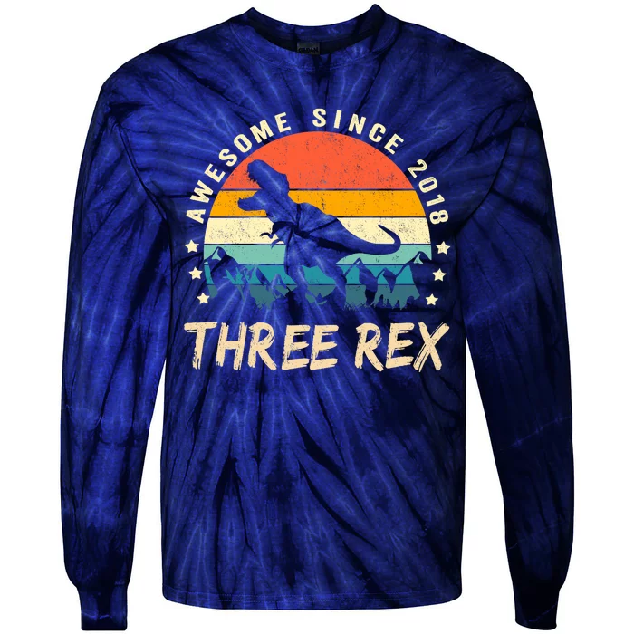 Three Rex 3rd Birthday Third Dinosaur 3 Year Old Tie-Dye Long Sleeve Shirt