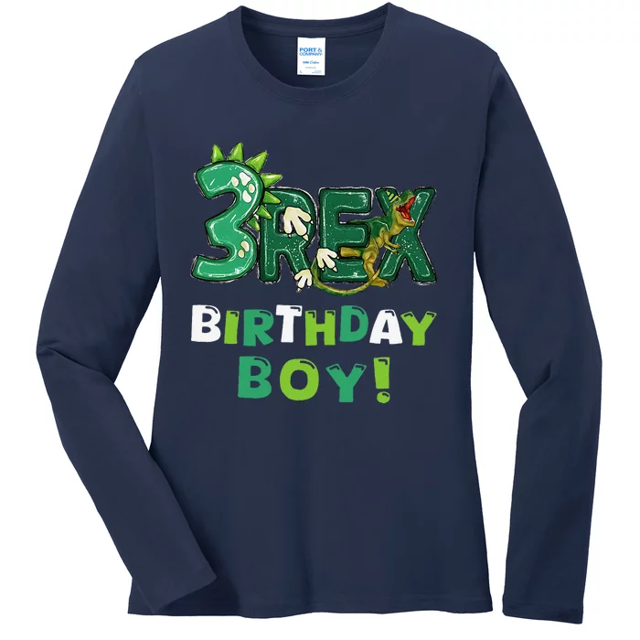 Three Rex 3rd Birthday Third Dinosaur 3 Year Old Ladies Long Sleeve Shirt