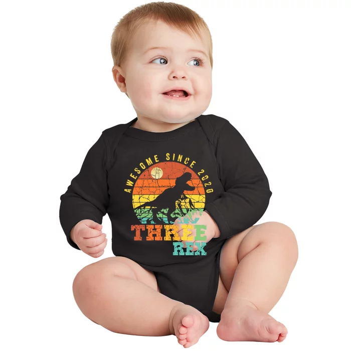 Three Rex 3rd Birthday Boy Third Dinosaur Awesome Baby Long Sleeve Bodysuit