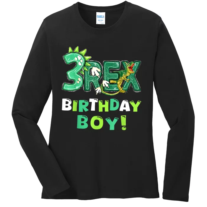 Three Rex 3rd Birthday Third Dinosaur 3 Year Old Ladies Long Sleeve Shirt