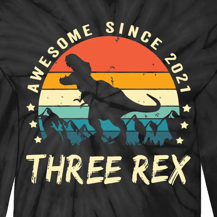 Three Rex 3rd Birthday Third Dinosaur 3 Year Old Tie-Dye Long Sleeve Shirt