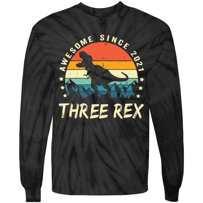 Three Rex 3rd Birthday Third Dinosaur 3 Year Old Tie-Dye Long Sleeve Shirt