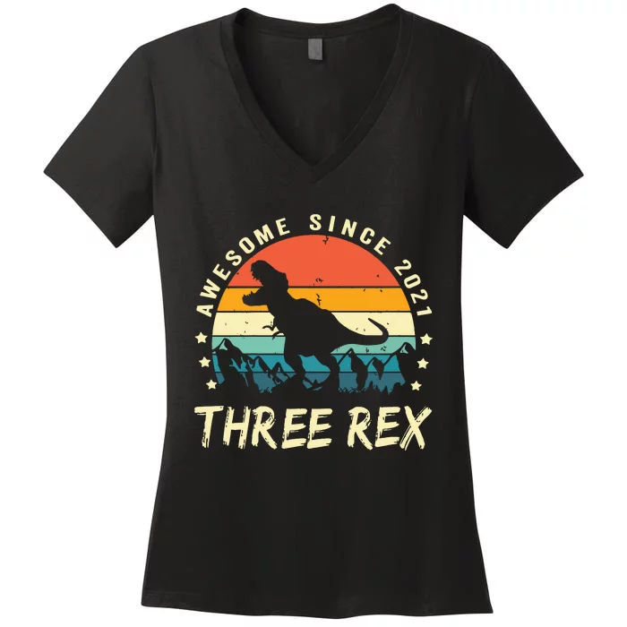 Three Rex 3rd Birthday Third Dinosaur 3 Year Old Women's V-Neck T-Shirt