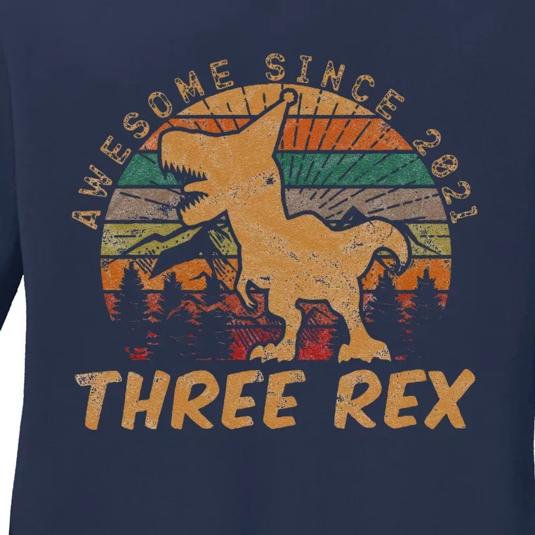 Three Rex 3rd Birthday Gift Third Dinosaur 3 Year Old Ladies Long Sleeve Shirt