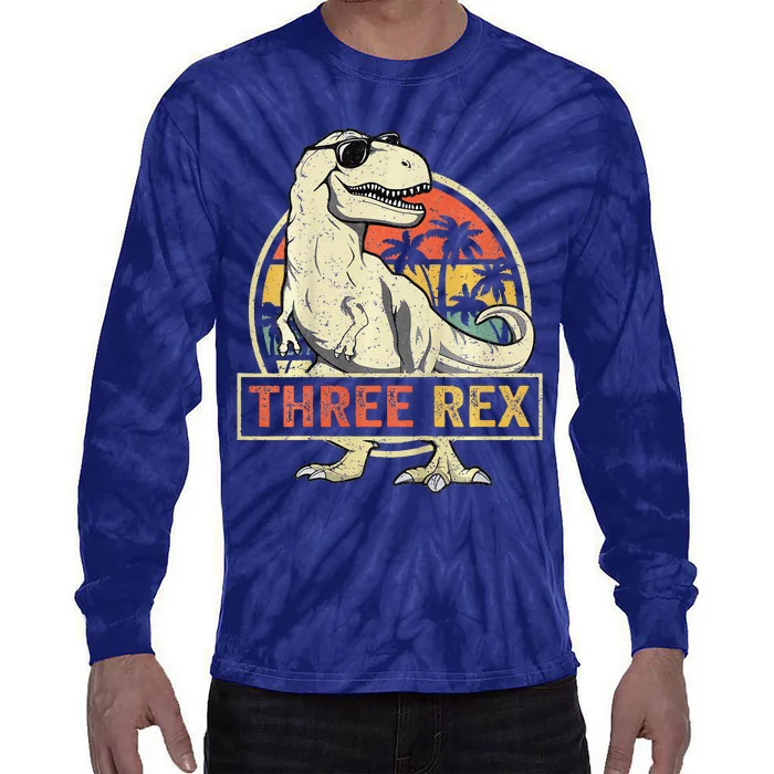 Three Rex 3rd Birthday Third Dinosaur 3 Year Old Tie-Dye Long Sleeve Shirt