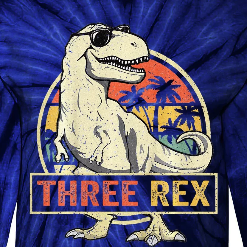 Three Rex 3rd Birthday Third Dinosaur 3 Year Old Tie-Dye Long Sleeve Shirt