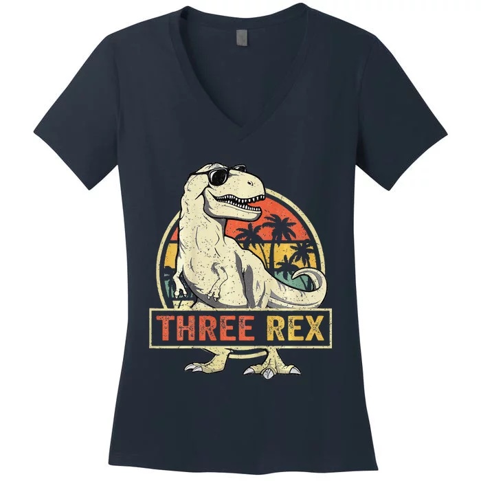 Three Rex 3rd Birthday Third Dinosaur 3 Year Old Women's V-Neck T-Shirt