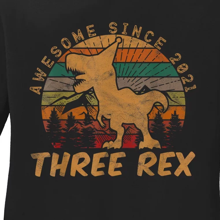 Three Rex 3rd Birthday Gift Third Dinosaur 3 Year Old Ladies Long Sleeve Shirt