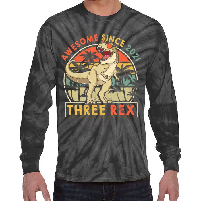 Three Rex 3rd Birthday Gift Third Dinosaur 3 Year Old Tie-Dye Long Sleeve Shirt