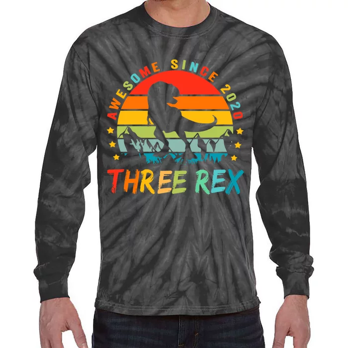 Three Rex 3rd Birthday Third Dinosaur 3 Year Old Tie-Dye Long Sleeve Shirt