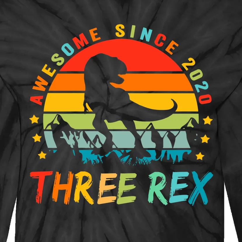 Three Rex 3rd Birthday Third Dinosaur 3 Year Old Tie-Dye Long Sleeve Shirt