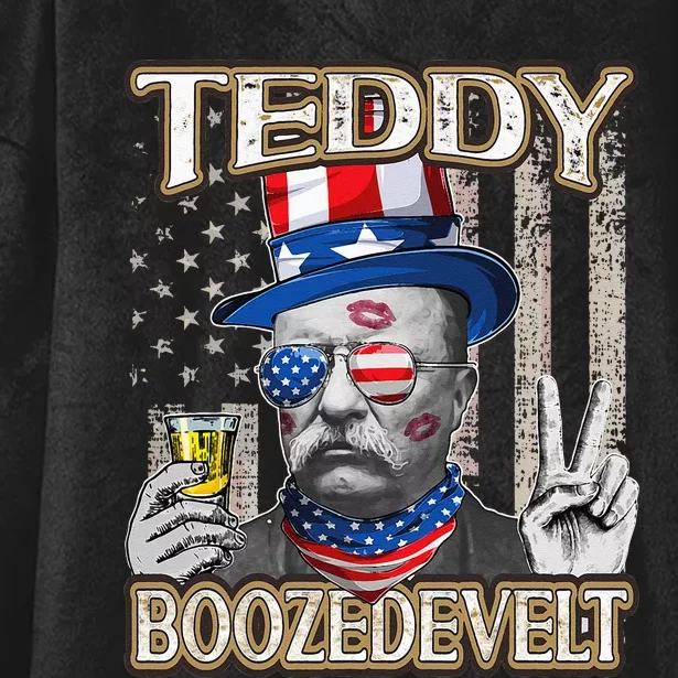 Theodore Roosevelt 4th July Teddy Boozedevelt American Flag Hooded Wearable Blanket