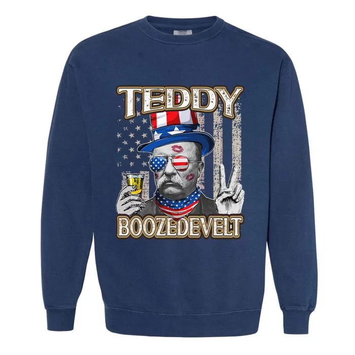 Theodore Roosevelt 4th July Teddy Boozedevelt American Flag Garment-Dyed Sweatshirt