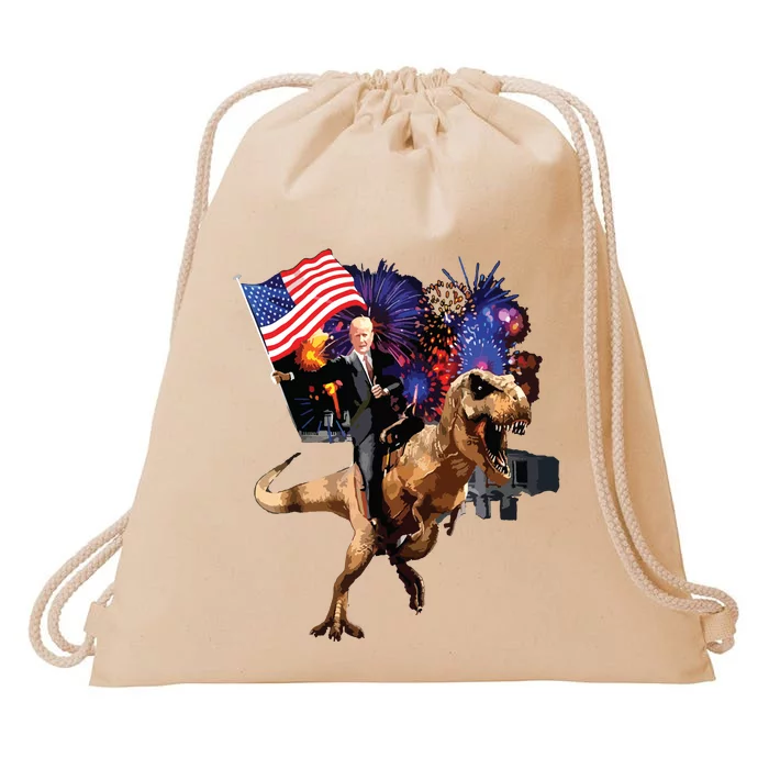 Trump Riding A Dinosaur Trex Suppor Trump 2020 Drawstring Bag